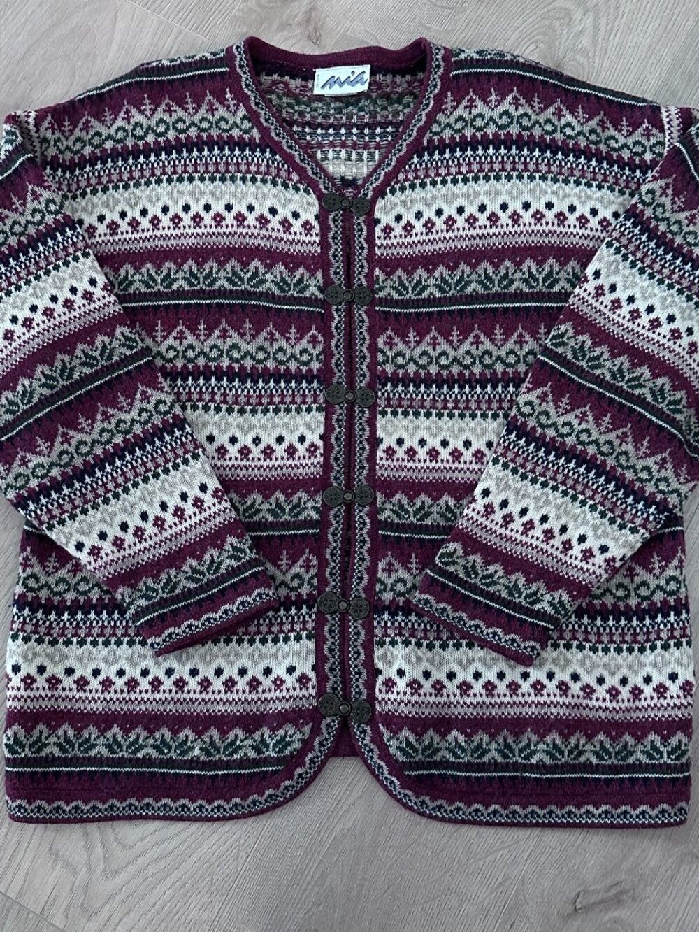 Vintage Nordic Fair Isle Scandi Cardigan Sweater sz M-L - Burgundy/Cream